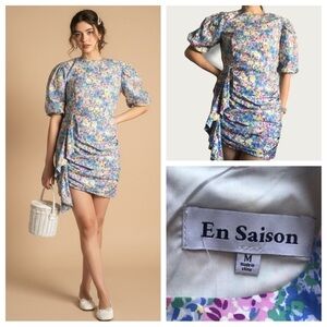 En Saison Floral Mini Dress 100% CottonPuff Sleeve Ruched Side